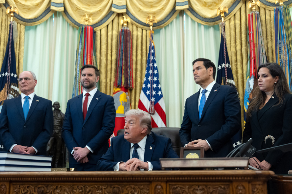 Israeli Ambassador to the U.S. Yechiel Leiter, V.P. JD Vance, Secretary of State Marco Rubio, and Lebanese Ambassador to the U.S. Nada Hamadaeh Moawad, listen as President Trump speaks at the White House, April 23, 2026. (AP Photo/Mark Schiefelbein)