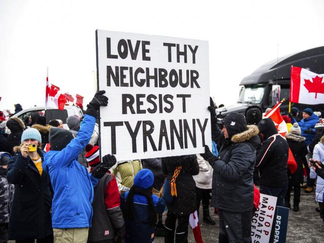 Protestors show their support for the Freedom Convoy of truck drivers who are making their way to Ottawa. (Arthur Mola/Invision/AP)