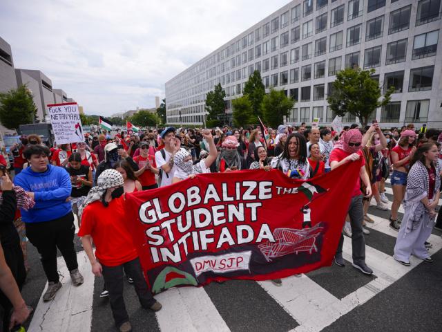 PHOTO: Demonstrators demand intifada (uprising) against Israel on Independence Ave., near the National Mall ahead of a visit by Israeli Prime Minister Benjamin Netanyahu to the US Capitol, Wednesday, July 24, 2024, in Washington. (AP Photo/Matt Slocum)