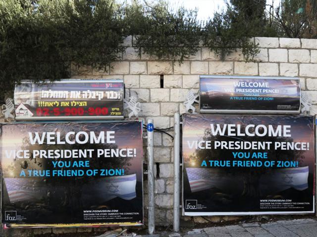  FOZ Posters Welcome Vice President Mike Pence to Jerusalem, Photo, CBN News
