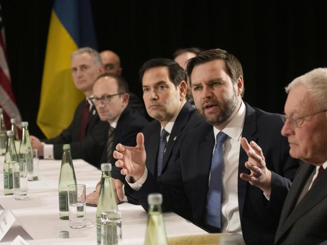 U.S. Vice-President JD Vance and U.S. Secretary of State Marco Rubio, meet with Ukraine's President Volodymyr Zelenskyy during a bilateral meeting at the Munich Security Conference in Germany, Feb. 14, 2025. (AP Photo/Matthias Schrader)