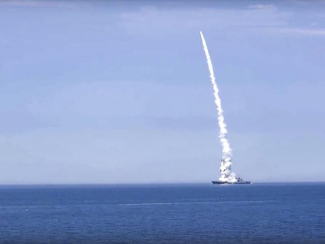 In this photo released by Russian Defense Ministry Press Service on Monday, Oct. 10, 2022, a Russian warship launches a cruise missile at a target in Ukraine.  (Russian Defense Ministry Press Service via AP, File)