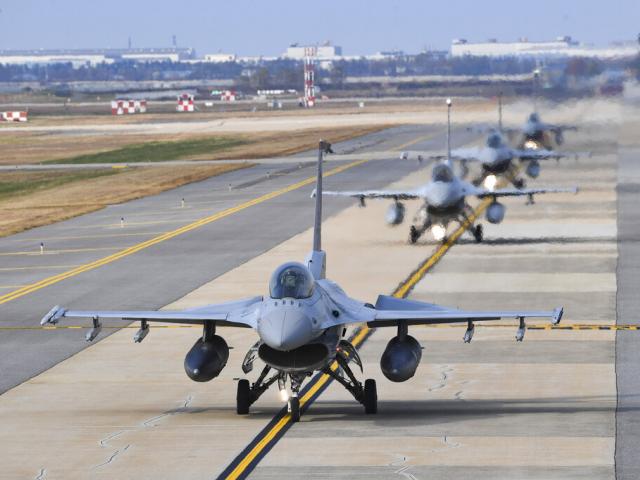 In this photo provided by the South Korea Defense Ministry, South Korean Air Forces&#039; KF-16 fighters prepare to take off during a joint aerial drills with US, Oct. 31, 2022  (Via AP)