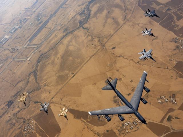In this photo released by the U.S. military&#039;s Central Command via the Israel Defense Force, American and Israeli aircraft fly over Israel as they take part in the joint exercise Juniper Oak Tuesday, Jan. 24, 2023. (IDF/USCC via AP)