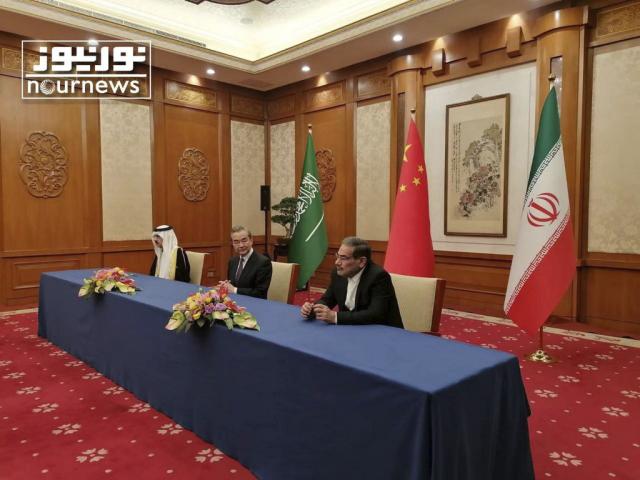Officials from Saudi Arabia, China and Iran at an agreement signing ceremony between Iran and Saudi Arabia to reestablish diplomatic relations and reopen embassies after seven years of tensions, March 10, 2023. (Nournews via AP)