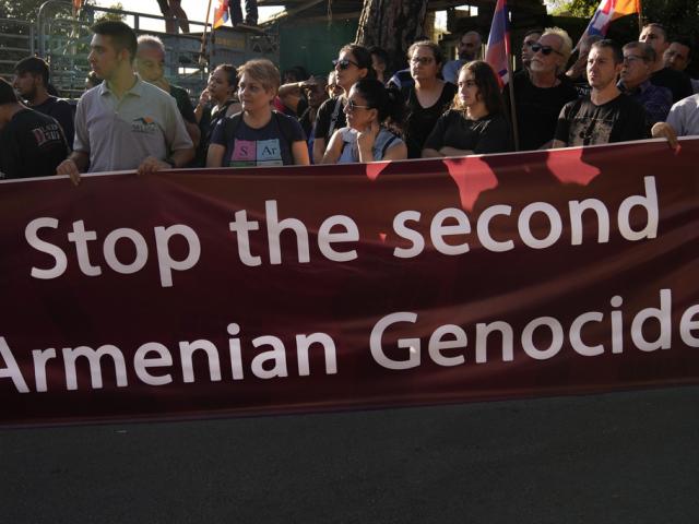 Lebanese-Armenian protesters, protest in Beirut to denounce the Azerbaijani recapture of Nagorno-Karabakh from the separatist Armenian authorities. (AP Photo/Hussein Malla)