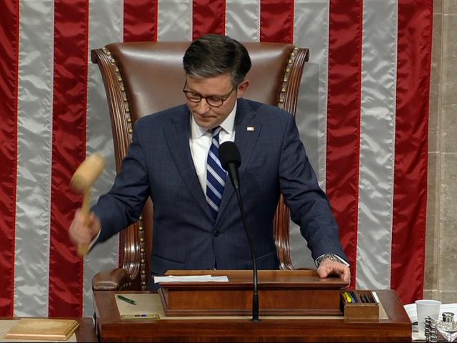 This image from House Television shows House Speaker Mike Johnson of La., banging the gavel after he announced the House voted to impeach Homeland Security Secretary Alejandro Mayorkas, Feb. 13, 2024. (House Television via AP)
