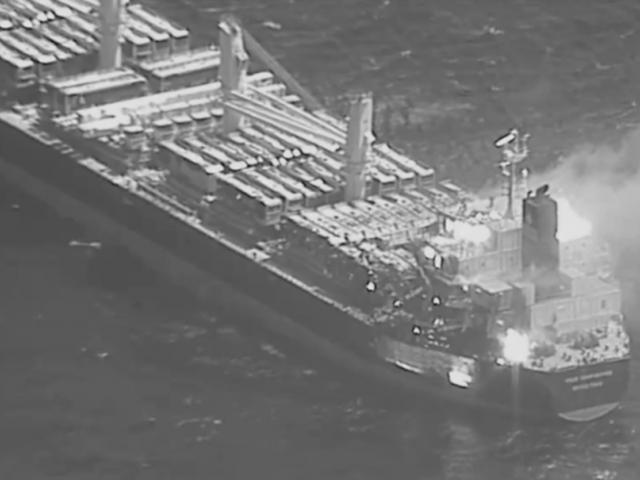 This black-and-white image released by the U.S. military&#039;s Central Command shows the fire aboard the bulk carrier True Confidence after a missile attack by Yemen&#039;s Houthi rebels in the Gulf of Aden on March 6, 2024.  (U.S. Central Command via AP)