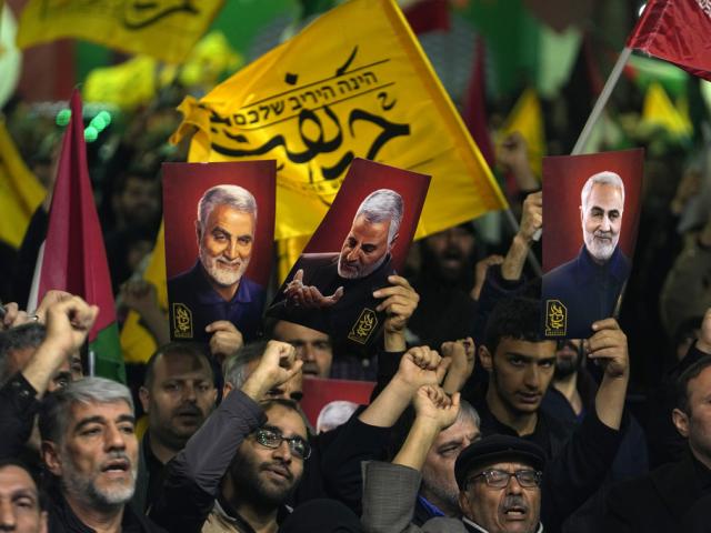 Iranian protesters chant slogans during their anti-Israeli gathering to condemn killing members of the Iranian Revolutionary Guard in Syria, at the Felestin (Palestine) Sq. in downtown Tehran, Iran, Monday, April 1, 2024. (AP Photo/Vahid Salemi)