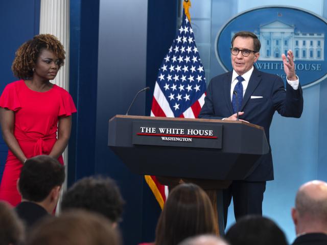 White House press secretary Karine Jean-Pierre listens as White House national security communications adviser John Kirby speaks during a press briefing at the White House, Thursday, April 4, 2024, in Washington. (AP Photo/Evan Vucci)