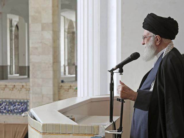 Iran&#039;s Supreme Leader Ayatollah Ali Khamenei delivers his sermon during a prayer ceremony marking the end of the Muslims holy fasting month of Ramadan, in Tehran, Iran, Wednesday, April 10, 2024. (Office of the Iranian Supreme Leader via AP)