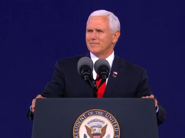 Vice President Mike Pence delivers the keynote address at Liberty University&#039;s 46th Commencement ceremony Saturday in Lynchburg, Va. (Screenshot courtesy: Liberty University/Facebook) 