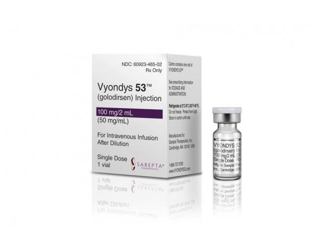 This image provided by Sarepta Therapeutics in December 2019 shows a box and vial of their drug Vyondys 53. (Sarepta Therapeutics via AP)