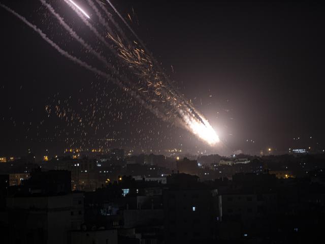 Rockets are launched from the Gaza Strip towards Israel, Monday, May. 10, 2021. (AP Photo/Khalil Hamra)