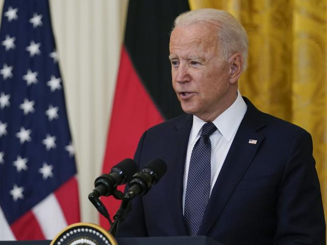 President Joe Biden speaks during. News conference with German Chancellor Angela Merkel in the East Room of the White House in Washington, Thursday, July 15, 2021. (AP Photo/Susan Walsh)