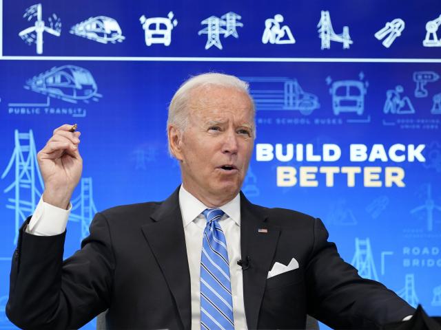 President Joe Biden speaks during a virtual meeting from the South Court Auditorium at the White House complex in Washington, Wednesday, Aug. 11, 2021, to discuss the importance of the bipartisan Infrastructure Investment and Jobs Act. (AP Photo)