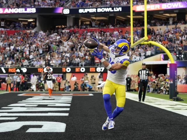 Los Angeles Rams wide receiver Cooper Kupp catches a pass during NFL Super Bowl 56 (AP Photo/Marcio Jose Sanchez)