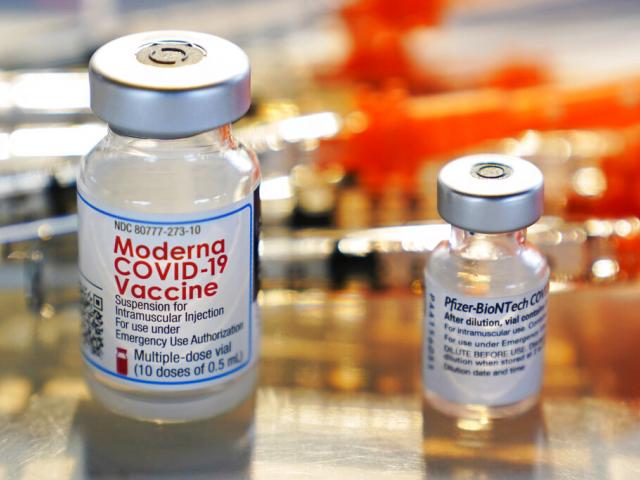 FILE - Vials for the Moderna and Pfizer COVID-19 vaccines are seen at a temporary clinic in Exeter, N.H. on Thursday, Feb. 25, 2021. (AP Photo/Charles Krupa, File)