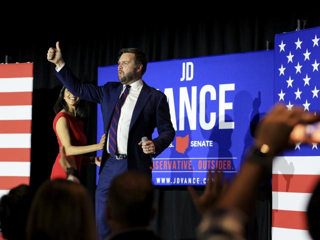 Republican Senate candidate JD Vance gives a thumbs up after he speaks to supporters during an election night watch party, Tuesday, May 3, 2022, in Cincinnati. (AP Photo/Aaron Doster)