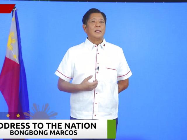 In this image from video posted on the Bongbong Marcos Facebook page, presidential candidate and former senator Ferdinand Marcos Jr. issues a statement to the media on Monday, May 9, 2022 in Manila, Philippines. AP Photo