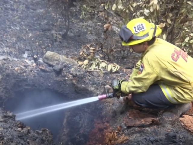 Firefighter putting out a fire in Boulder Creek, California - 26 August 2020. AP video screenshot.