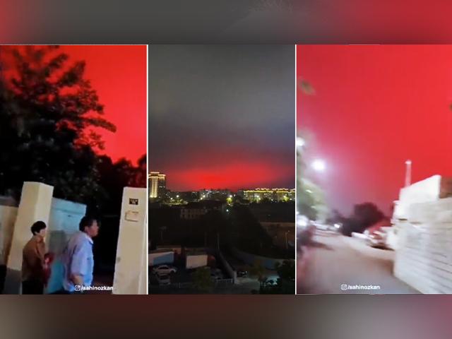 Blood red skies over China (Image: screen captures from Twitter)