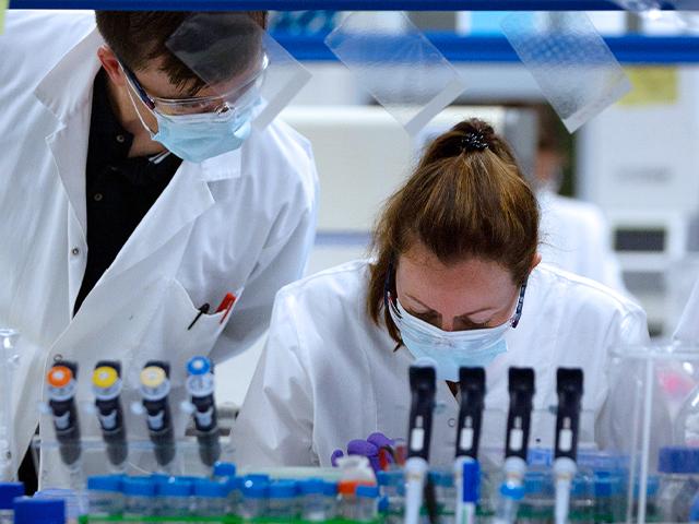 Lab technicians working on a coronavirus vaccine at Johnson &amp; Johnson subsidiary Janssen Pharmaceutical in Beerse, Belgium, June 17, 2020. (AP Photo/Virginia Mayo)
