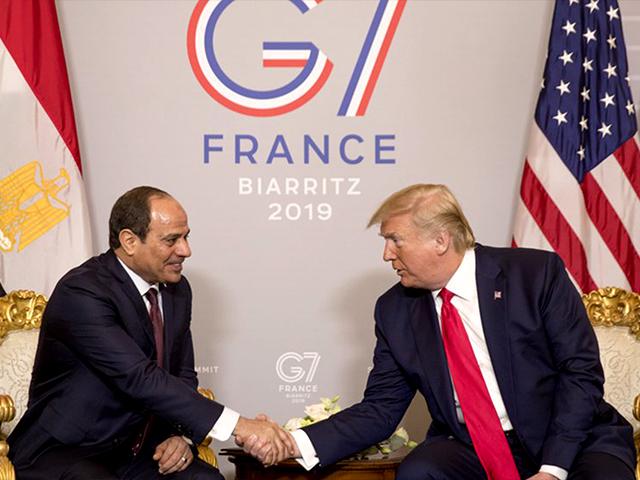 President Donald Trump and Egyptian President Abdel Fattah al-Sisi participate in a bilateral meeting at the G-7 summit in Biarritz, France, Monday, Aug. 26, 2019. (AP Photo/Andrew Harnik)