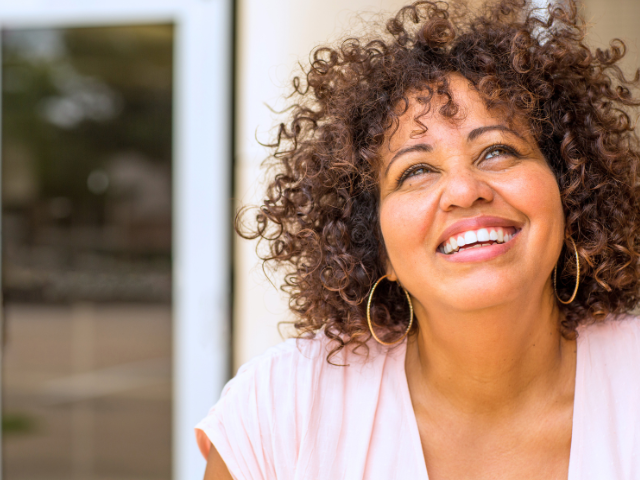 happy woman looking up