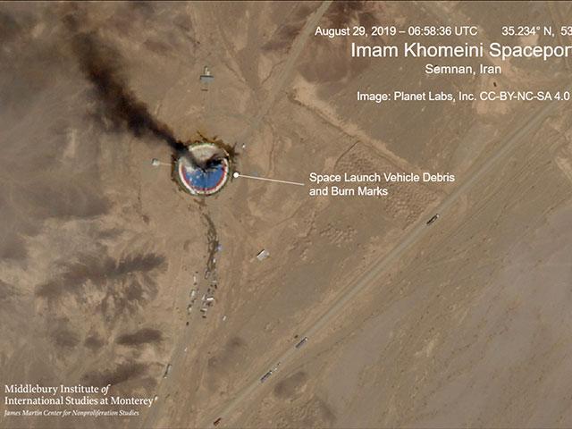 This satellite image from Planet Labs Inc., shows a fire at a rocket launch pad at the Imam Khomeini Space Center. (Planet Labs Inc, Middlebury Institute of International Studies via AP)