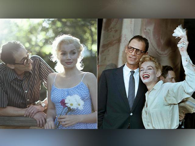 Adrien Brody with Ana de Armas, as Marilyn Monroe in a scene from &quot;Blonde,&quot; left, and Arthur Miller and Marilyn Monroe after their wedding ceremony in 1956. (Netflix via AP, left, and AP Photo)