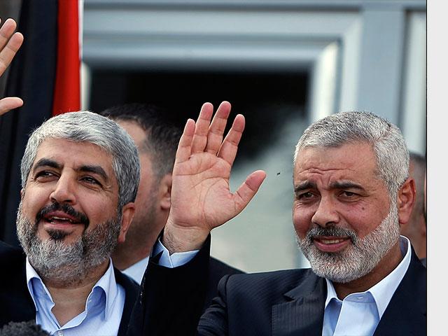 Khaled Meshaal and Ismail Haniyeh, AP file photo