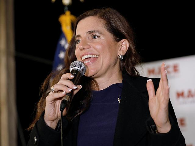 Republican Nancy Mace talks to supporters during her election night party Tuesday, Nov. 3, 2020, in Mount Pleasant, S.C. Mace is running for South Carolina's 1st Congressional District. (AP Photo/Mic Smith)