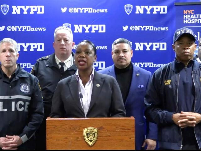 This photo provided by NYPD, New York City Police Commissioner Keechant Sewell address the media during a news conference on Dec. 31, 2022. (NYPD via AP)