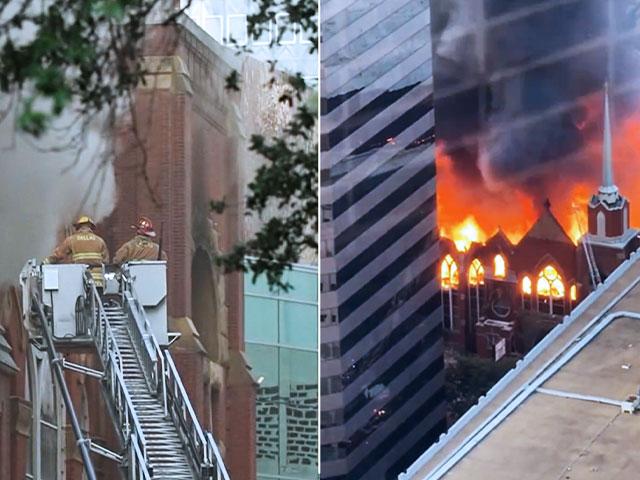 Fire burns historic chapel at First Baptist Church in Dallas (Screen shots)
