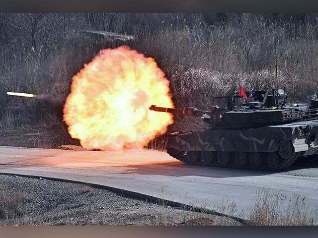 A South Korean K1A2 tank fires during a joint live fire exercise, March 14, 2024, as part of the annual Freedom Shield joint military exercise with the U.S. (Jung Yeon-je /Pool Photo via AP)
