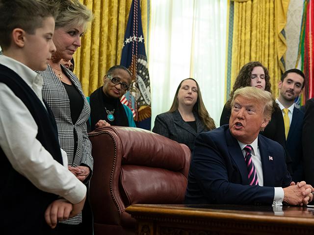 President Donald Trump speaks during an event on prayer in public schools, in the Oval Office of the White House, Thursday, Jan. 16, 2020, in Washington. (AP Photo/ Evan Vucci)