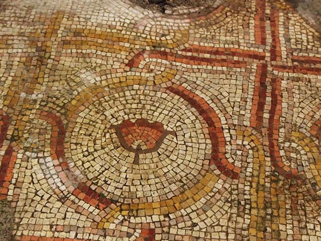 An ancient mosaic floor adorned with colorful floral designs has been re-uncovered after 40 years along the Israel National Trail. Photo Credit: Emil Aladjem, Israel Antiquities Authority.
