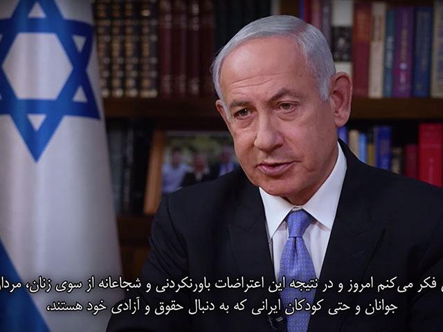 Screenshot of Iran International interview with Israeli PM Benjamin Netanyahu, the prime minister&#039;s first direct broadcast to the Iranian people.