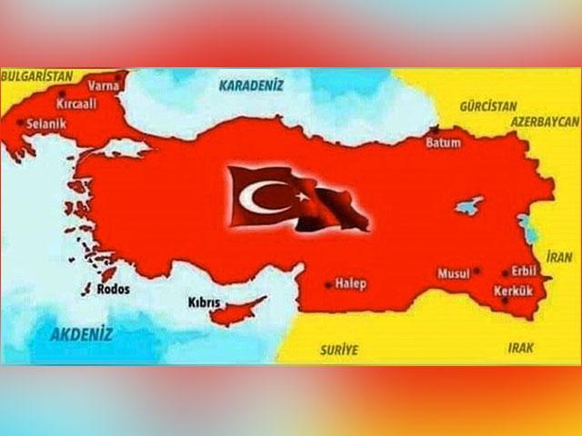 Turkish Minister of Defense Hulusi Akar posted this map showing Turkey taking land from its neighbors.