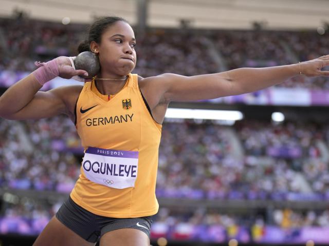 PHOTO: Yemisi Ogunleye, of Germany, competes during the women's shot put at the 2024 Summer Olympics, in Saint-Denis, France. (AP Photo/Bernat Armangue)