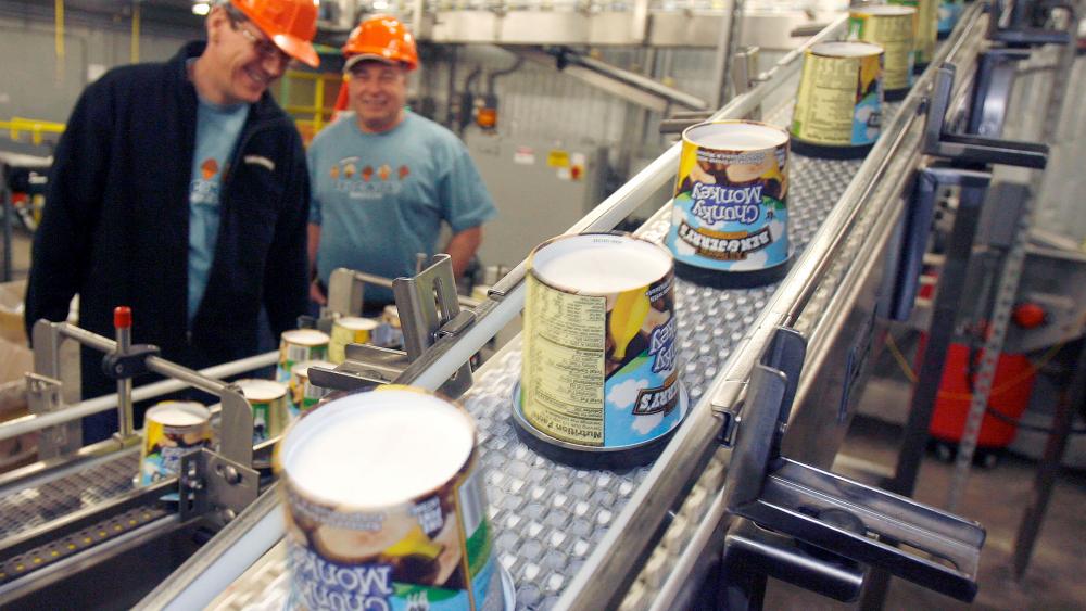 In this March 23, 2010 file photo ice cream moves along the production line at Ben &amp; Jerry&#039;s Homemade Ice Cream, in Waterbury, Vt.  (AP Photo/Toby Talbot, File)