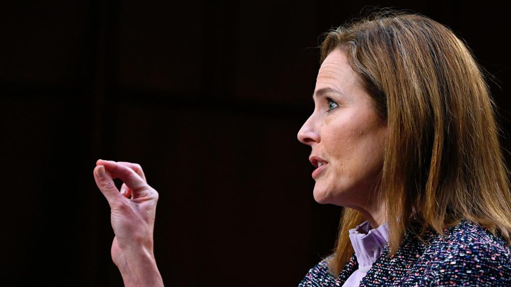 Supreme Court nominee Amy Coney Barrett testifies during the third day of her confirmation hearings before the Senate Judiciary Committee on Capitol Hill in Washington, Wednesday, Oct. 14, 2020.(Andrew Caballero-Reynolds/Pool via AP)