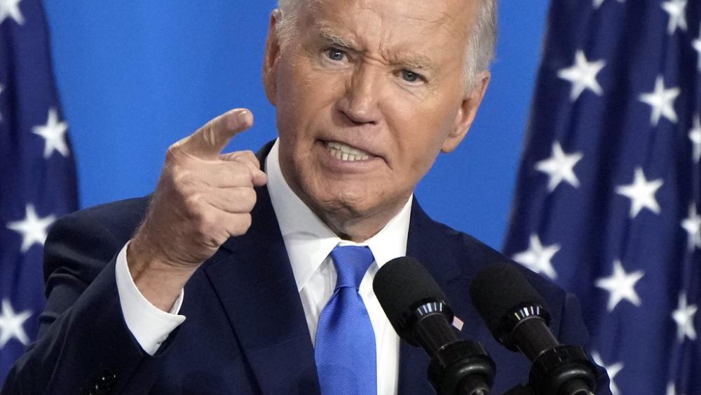 An angry President Joe Biden speaks at a news conference Thursday July 11, 2024, on the final day of the NATO summit in Washington. (AP Photo/Jacquelyn Martin)