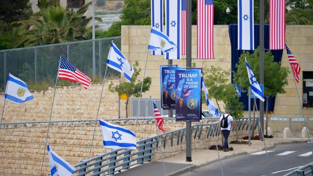 Israeli and US flags in Jerusalem, where the opening ceremony was held for the US embassy after its move from Tel Aviv, May 14, 2018. (Photo: Alexey Vitvitsky / Sputnik via AP)