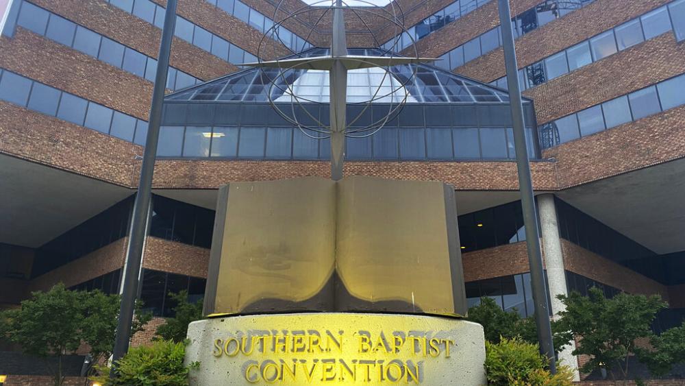 A cross and Bible sculpture stand outside the Southern Baptist Convention headquarters in Nashville, Tenn., on Tuesday, May 24, 2022.(AP Photo/Holly Meyer)