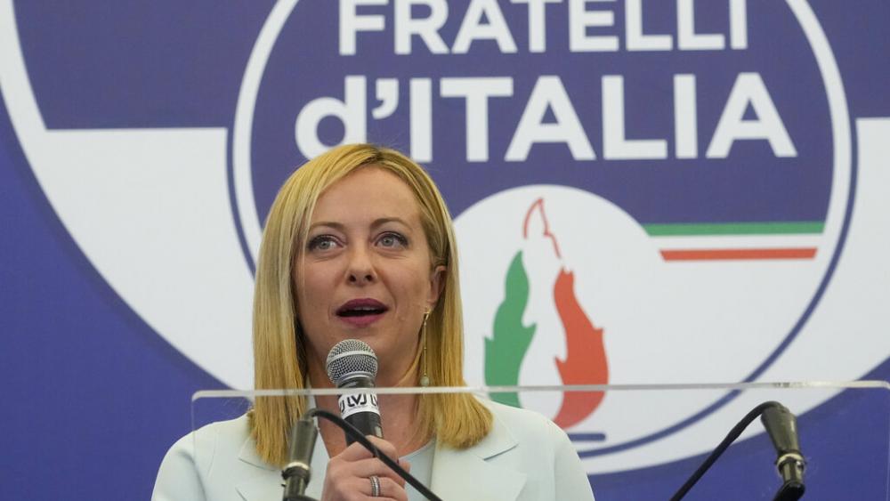 Far-Right party Brothers of Italy&#039;s leader Giorgia Meloni speaks to the media at her party&#039;s electoral headquarters in Rome, Sunday, Sept. 25, 2022.