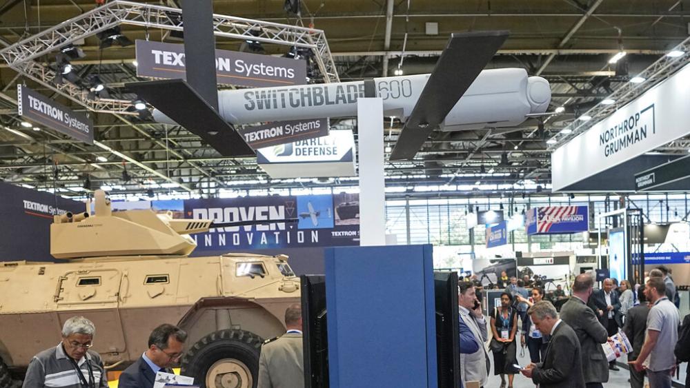 A Switchblade 600 loitering missile drone manufactured by AeroVironment is displayed at the Eurosatory arms show in Villepinte, north of Paris, on June 14, 2022. (AP Photo/Michel Euler, File)