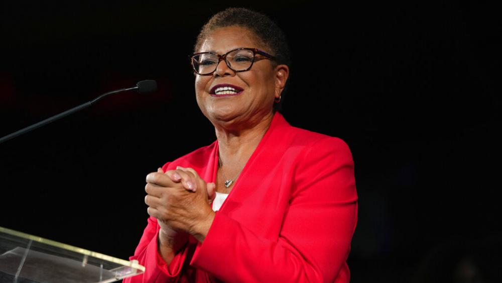 Los Angeles mayoral candidate Rep. Karen Bass, D-Calif., speaks at an election night party in Los Angeles, Tuesday, Nov. 8, 2022. (AP Photo/Jae C. Hong)
