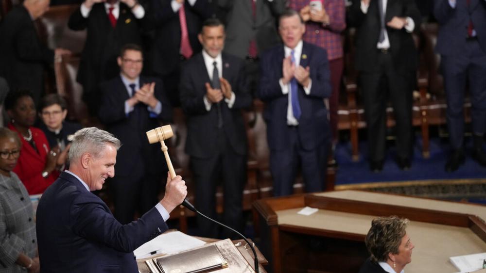 Speaker of the House Kevin McCarthy of Calif., picks up the gavel as he begins to speak in the House chamber in Washington, early Saturday, Jan. 7, 2023. (AP Photo/Alex Brandon)